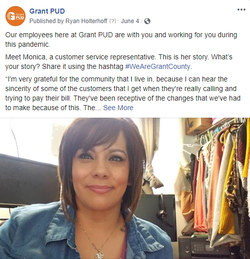 Click here to see our facebook post featuring Monica, a customer service representative at Grant PUD.