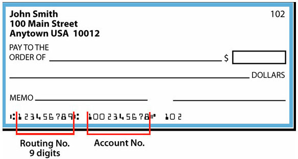 Location of routing number and bank account number on lower left of check