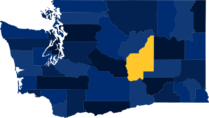 map of Washington state with Grant County highlighted in the middle